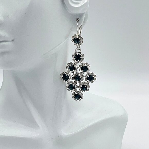 Silver Tone Deep Blue & Clear Rhinestone Pendant Statement Formal Earrings - Picture 4 of 4